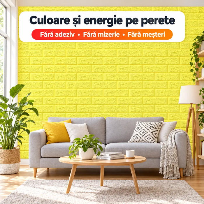 Tapet 3D Autoadeziv Imitație Cărămizi, Galben – imagine 2