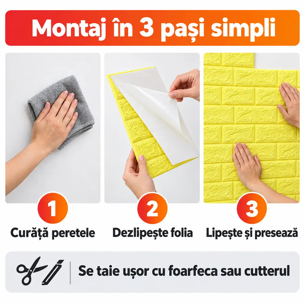 Montaj tapet 3D autoadeziv în 3 pași simpli