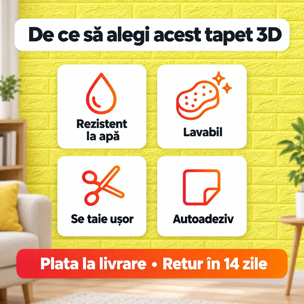 Avantaje tapet 3D: rezistent la apă, lavabil, se taie ușor, autoadeziv