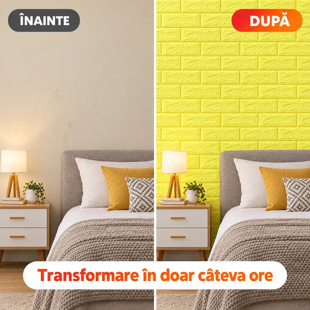 Înainte și după montajul tapetului 3D cărămizi galben