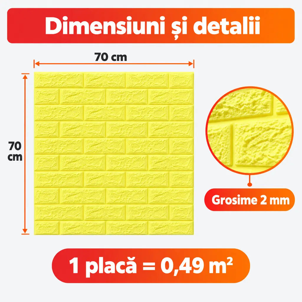 Dimensiuni placă tapet 3D cărămizi galben: 70x70 cm, 2 mm, 0,49 m²