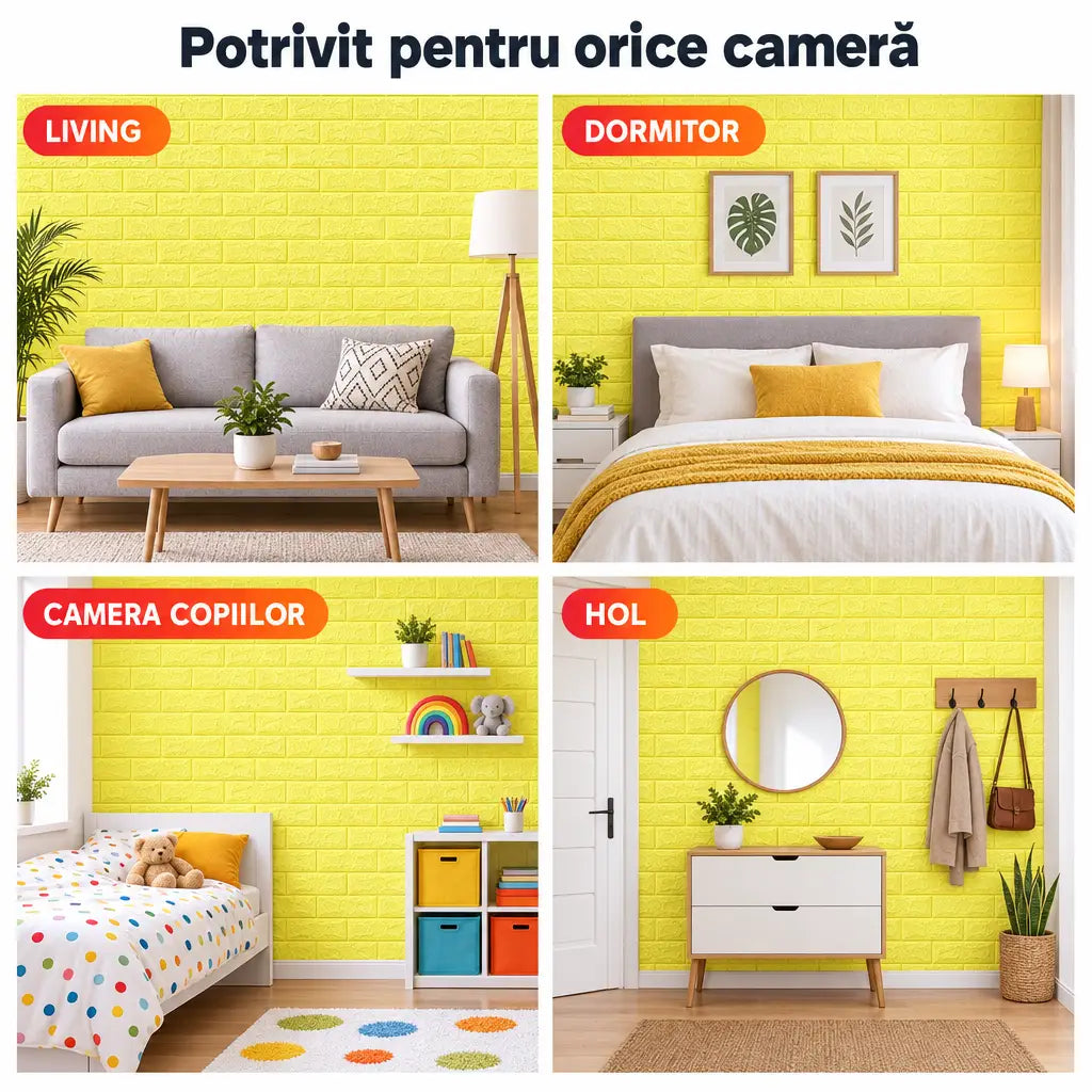 Tapet 3D cărămizi galben potrivit pentru living, dormitor, camera copiilor și hol