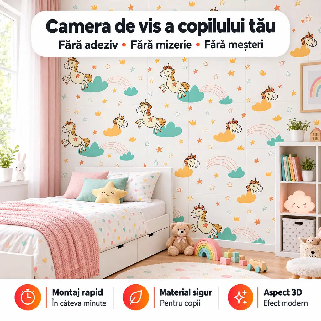 Tapet 3D cu unicorni K7373-31 în camera copiilor – camera de vis a copilului tău
