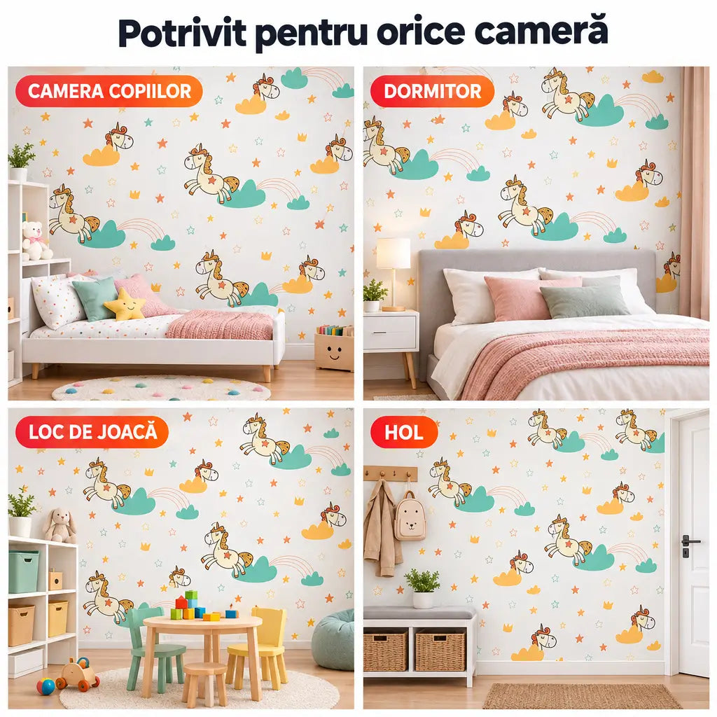 Tapet 3D cu unicorni potrivit pentru camera copiilor, dormitor, loc de joacă și hol
