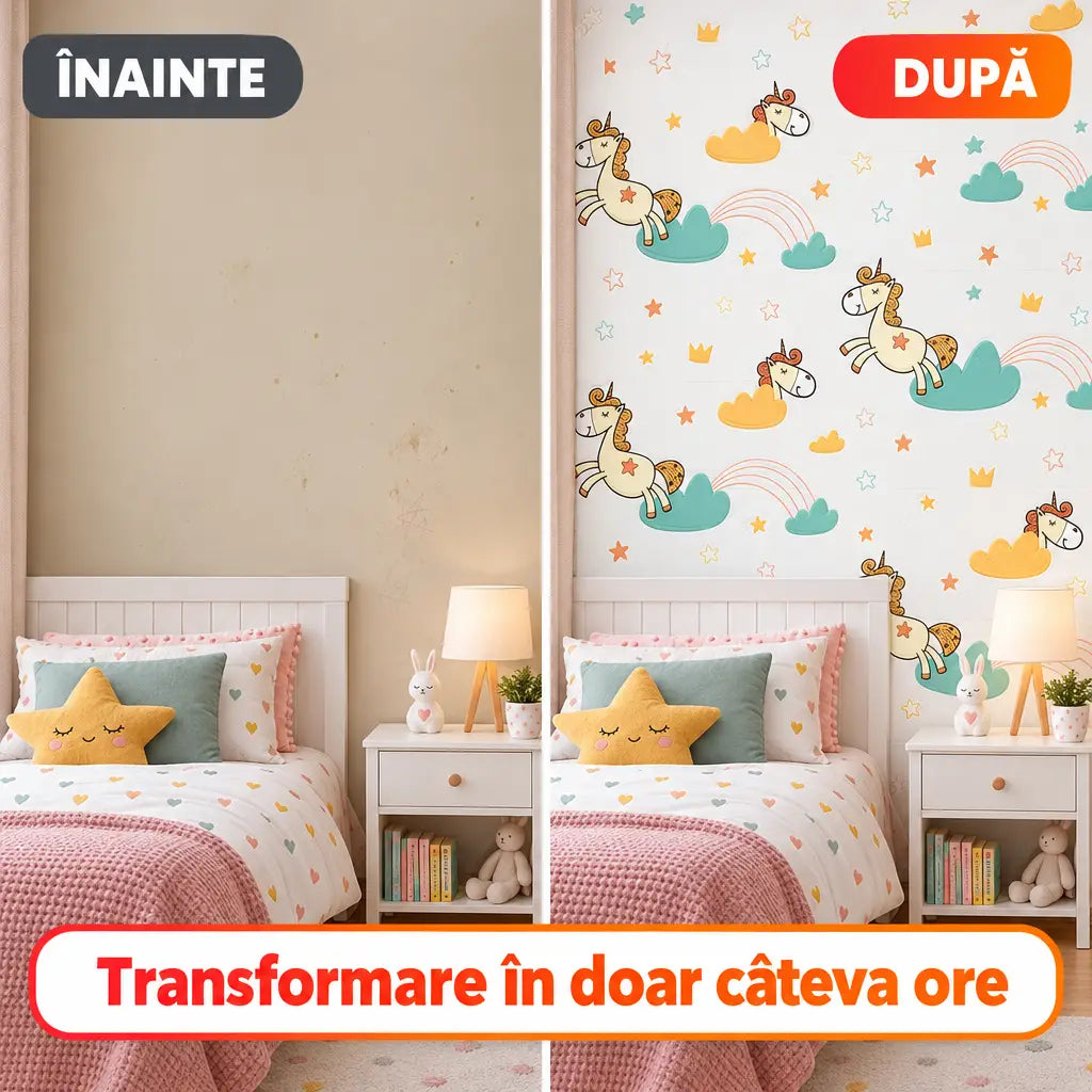 Înainte și după montajul tapetului 3D cu unicorni