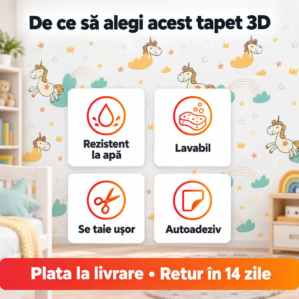 Avantaje tapet 3D: rezistent la apă, lavabil, se taie ușor, autoadeziv