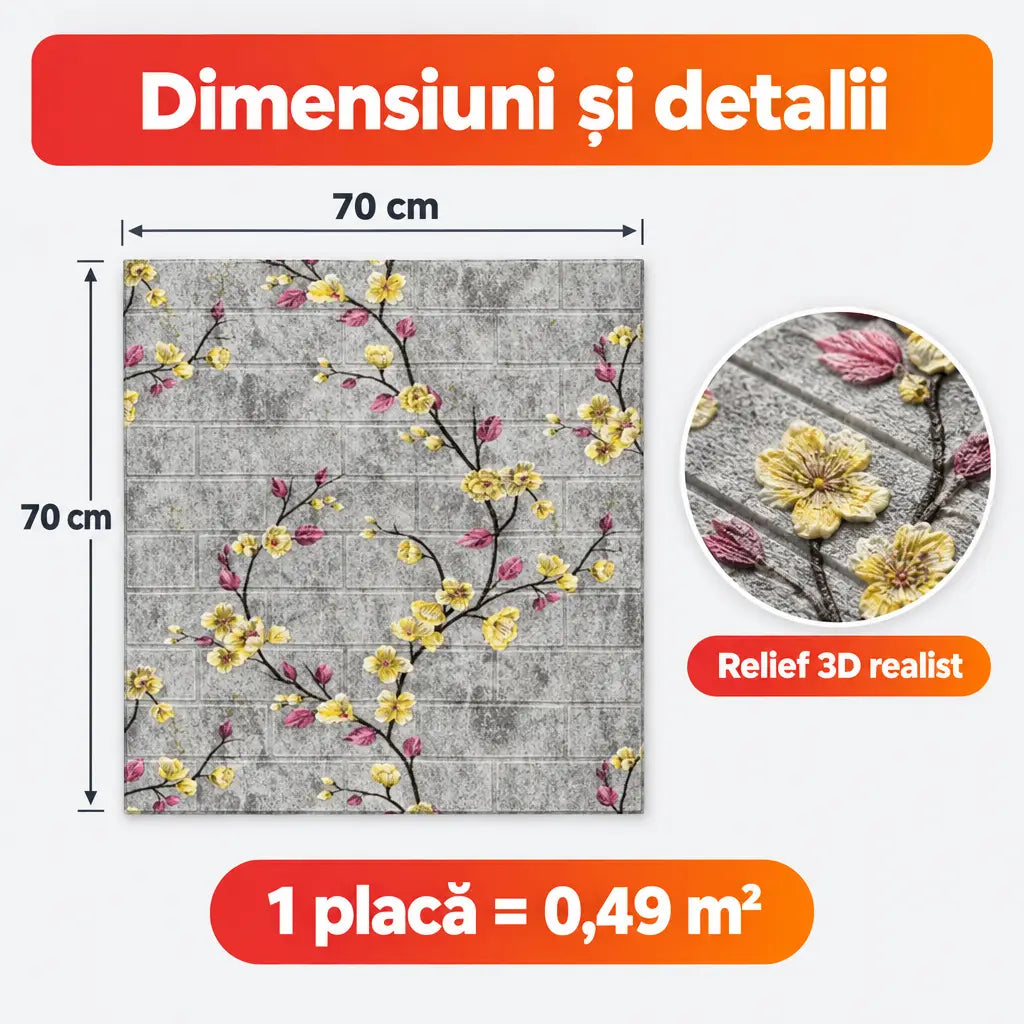 Dimensiuni placă tapet 3D floral gri/galben: 70x70 cm, 0,49 m²