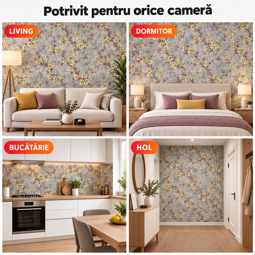 Tapet 3D floral potrivit pentru living, dormitor, bucătărie și hol