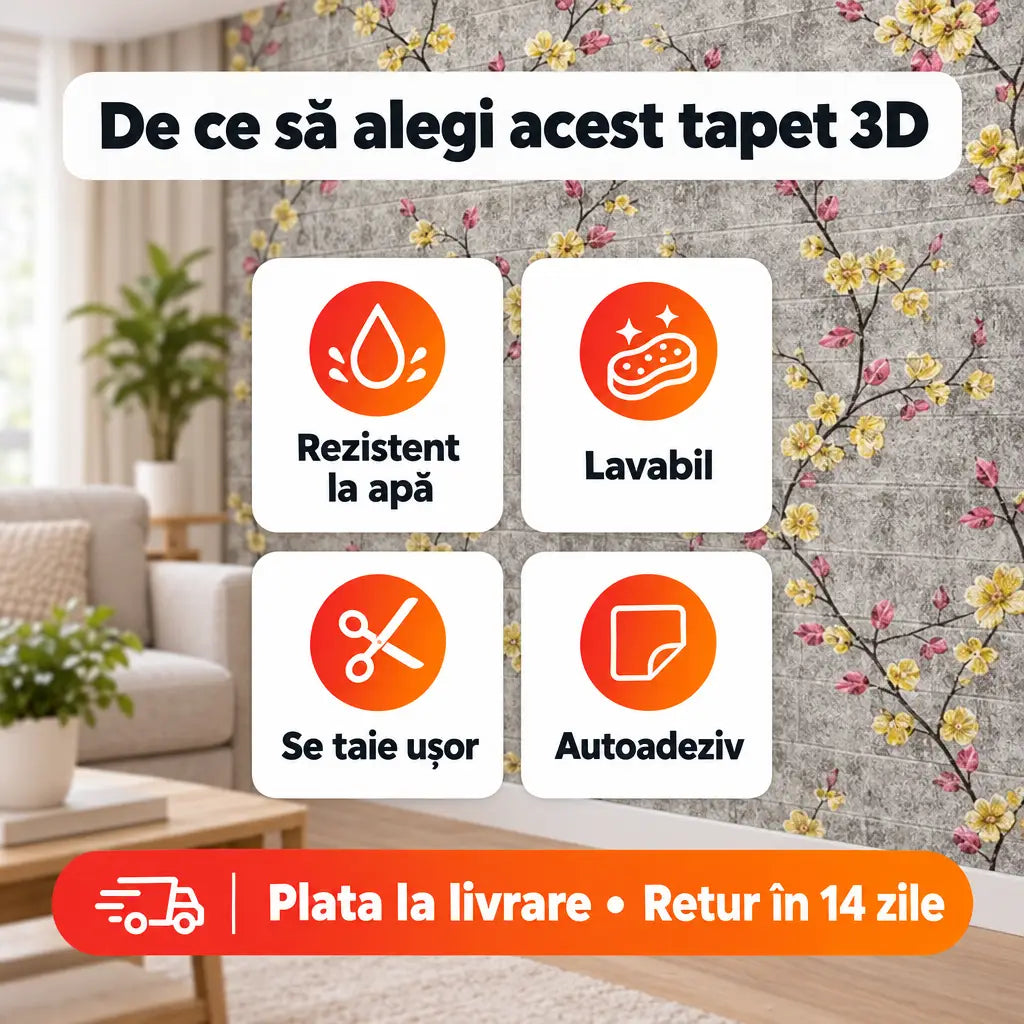 Avantaje tapet 3D: rezistent la apă, lavabil, se taie ușor, autoadeziv