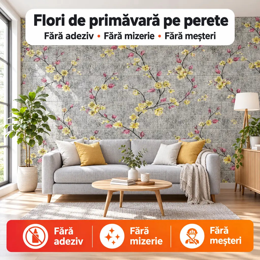 Tapet 3D floral gri/galben în living – flori de primăvară pe perete