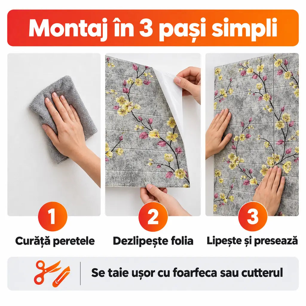 Montaj tapet 3D autoadeziv în 3 pași simpli