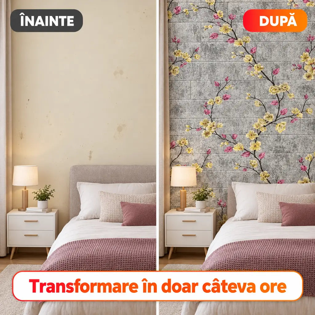 Înainte și după montajul tapetului 3D floral gri/galben