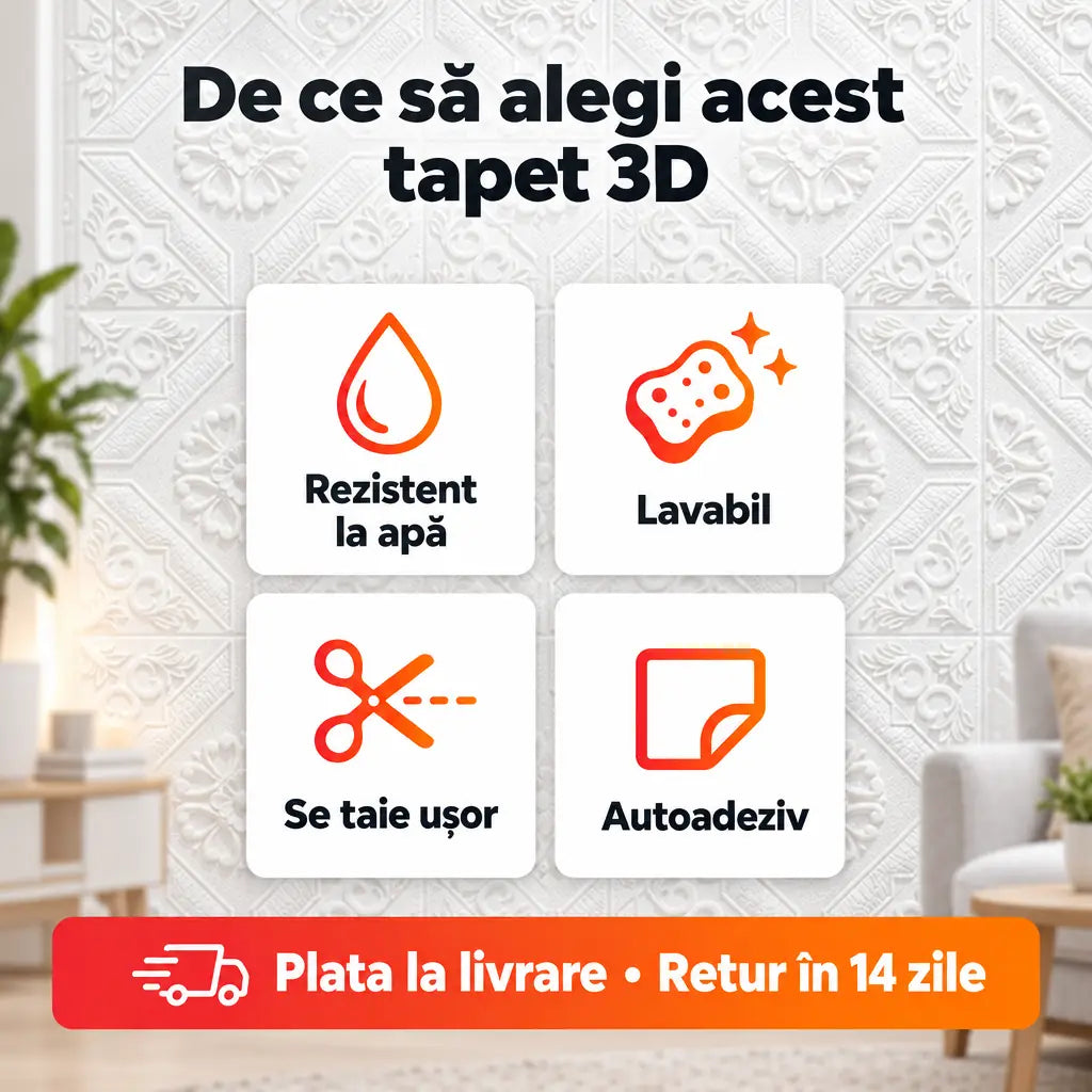 Avantaje tapet 3D: rezistent la apă, lavabil, se taie ușor, autoadeziv