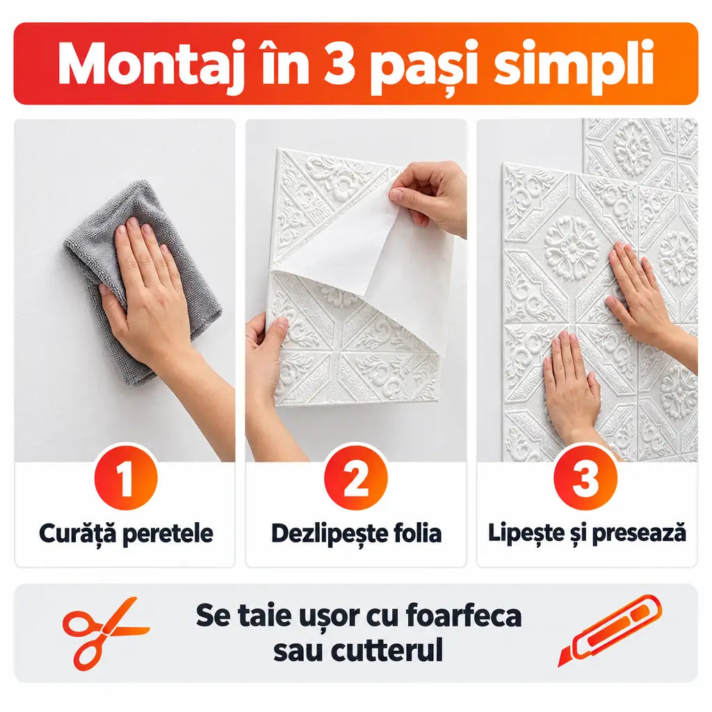 Montaj tapet 3D autoadeziv în 3 pași simpli