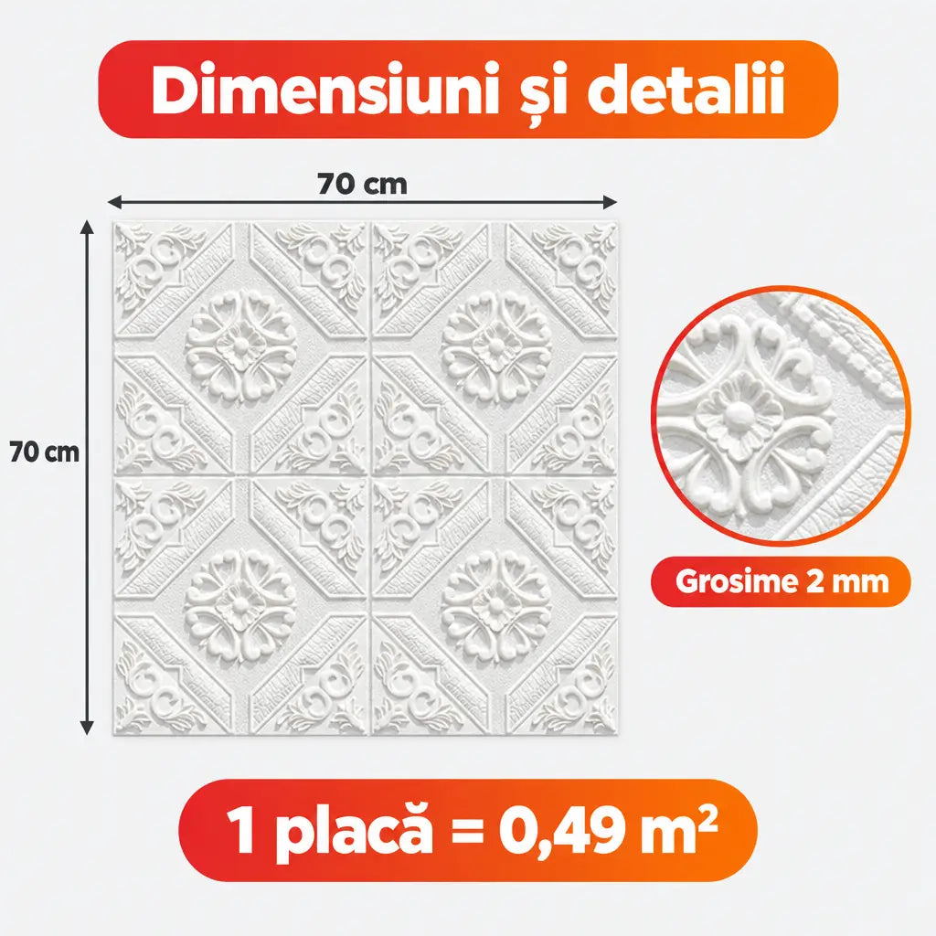 Dimensiuni placă tapet 3D abstract alb: 70x70 cm, 2 mm, 0,49 m²