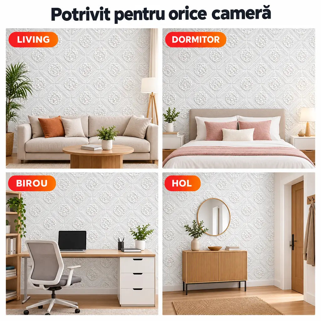 Tapet 3D alb potrivit pentru living, dormitor, birou și hol