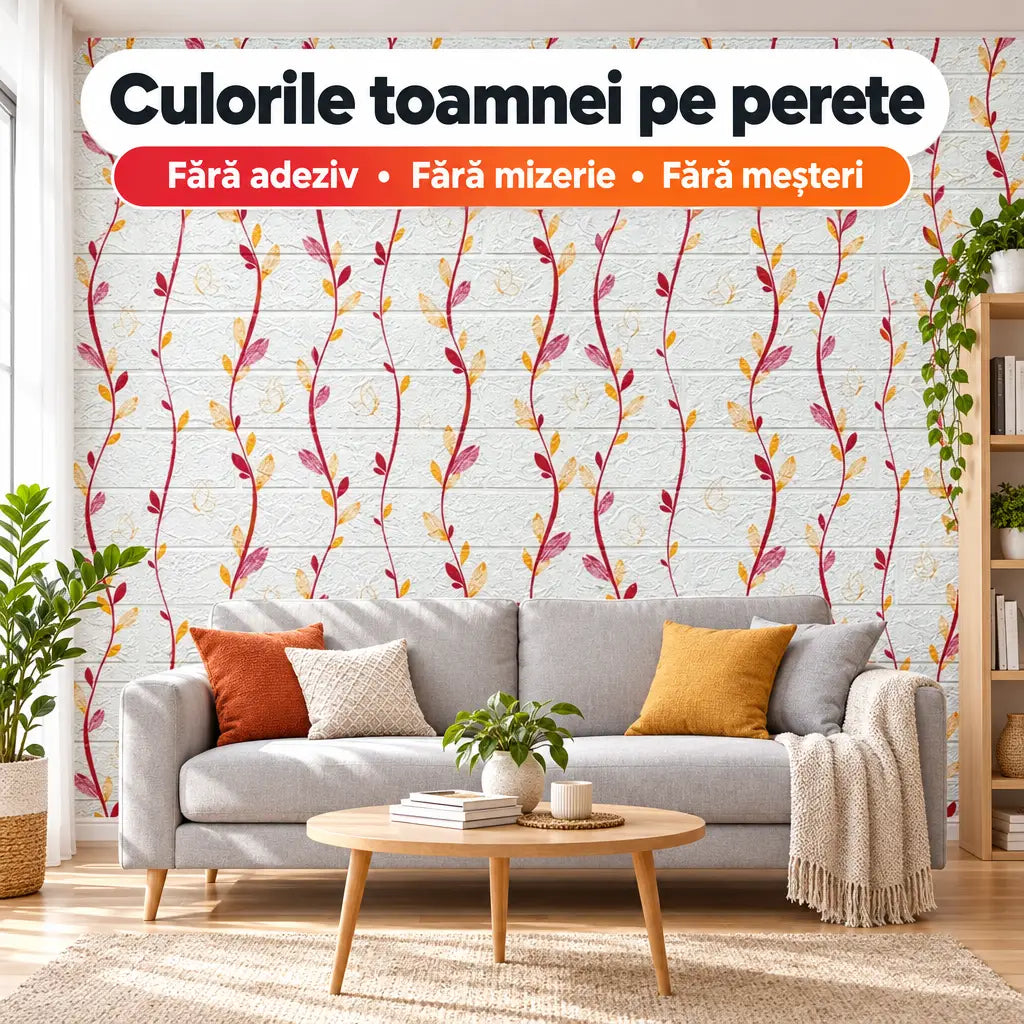 Tapet 3D model frunze alb/roșu în living – culorile toamnei pe perete