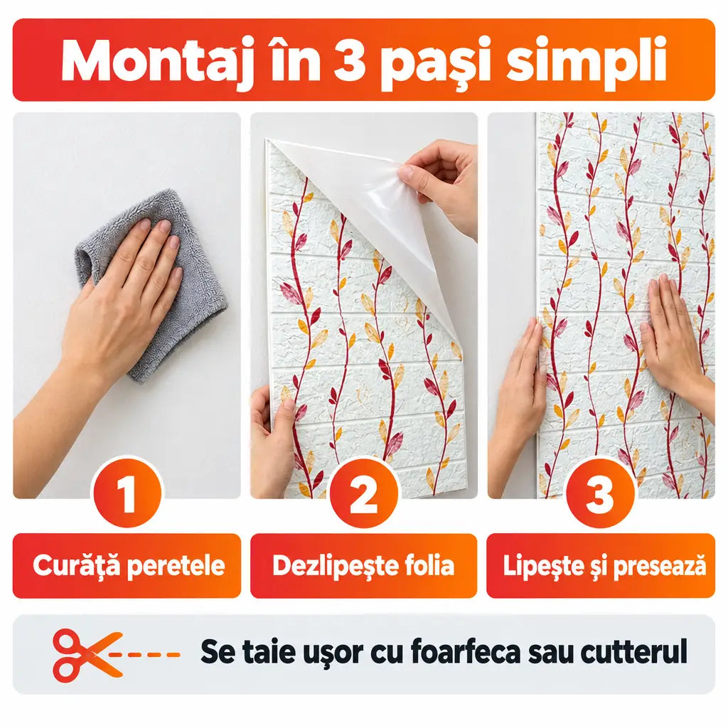 Montaj tapet 3D autoadeziv în 3 pași simpli