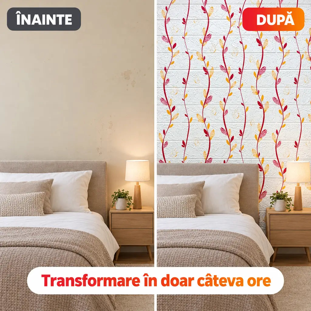 Înainte și după montajul tapetului 3D frunze alb/roșu