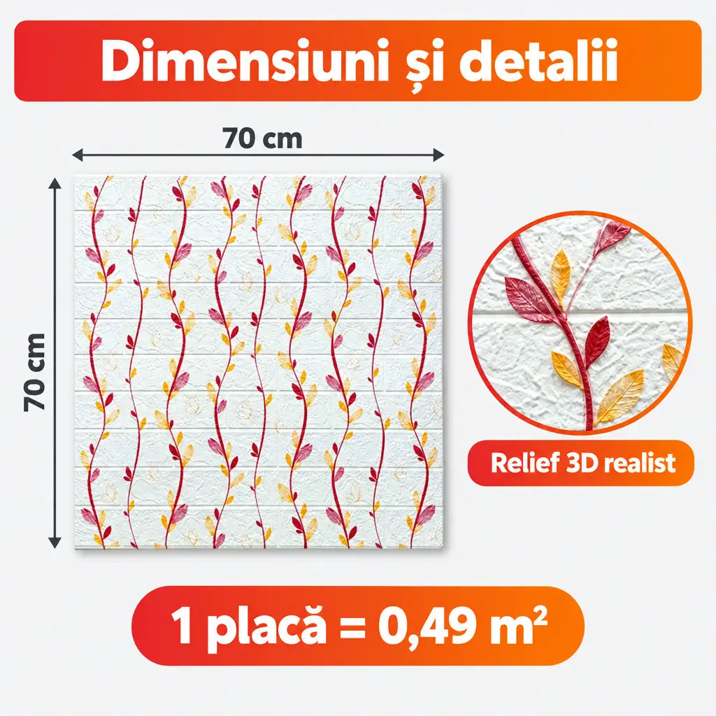 Dimensiuni placă tapet 3D frunze alb/roșu: 70x70 cm, 0,49 m²
