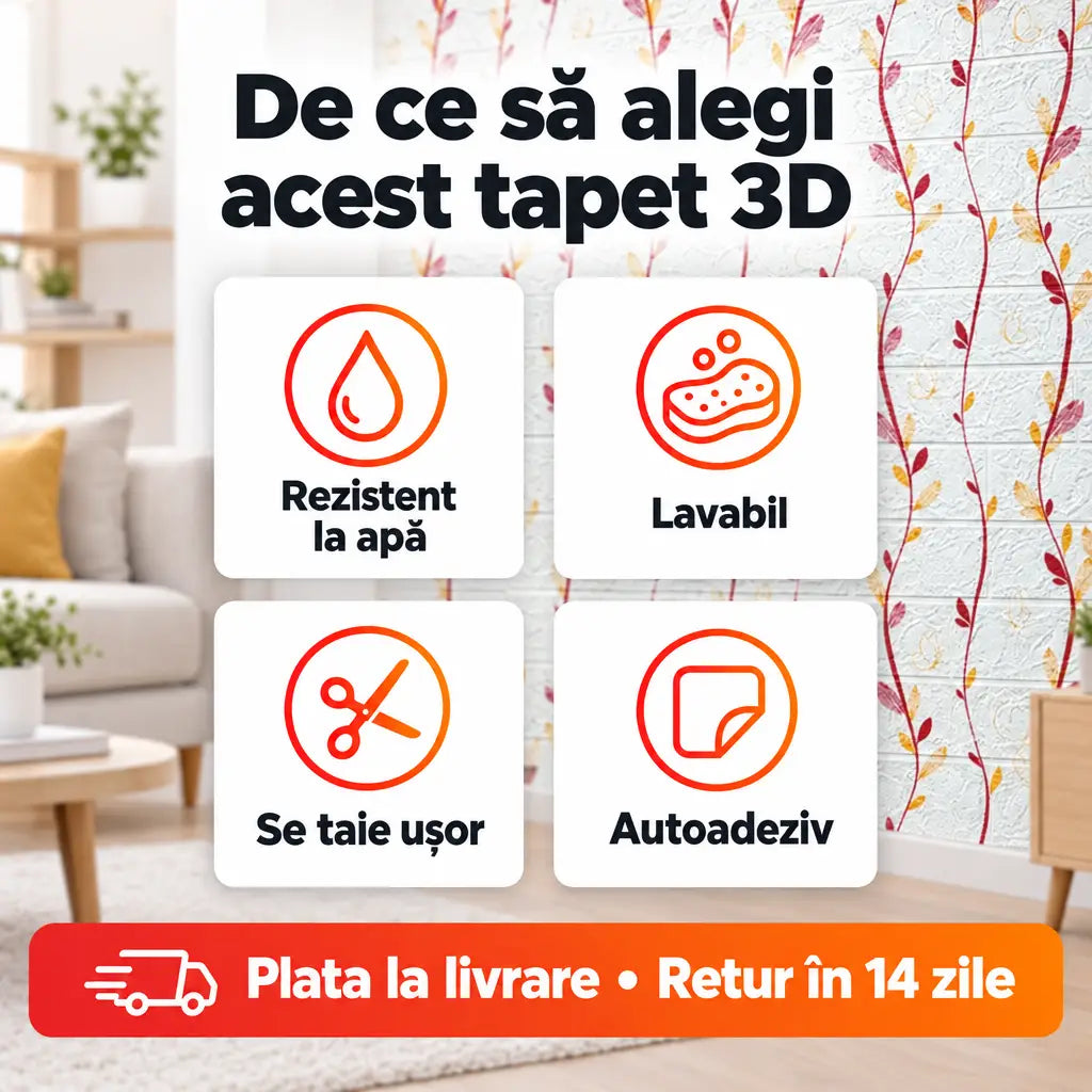Avantaje tapet 3D: rezistent la apă, lavabil, se taie ușor, autoadeziv