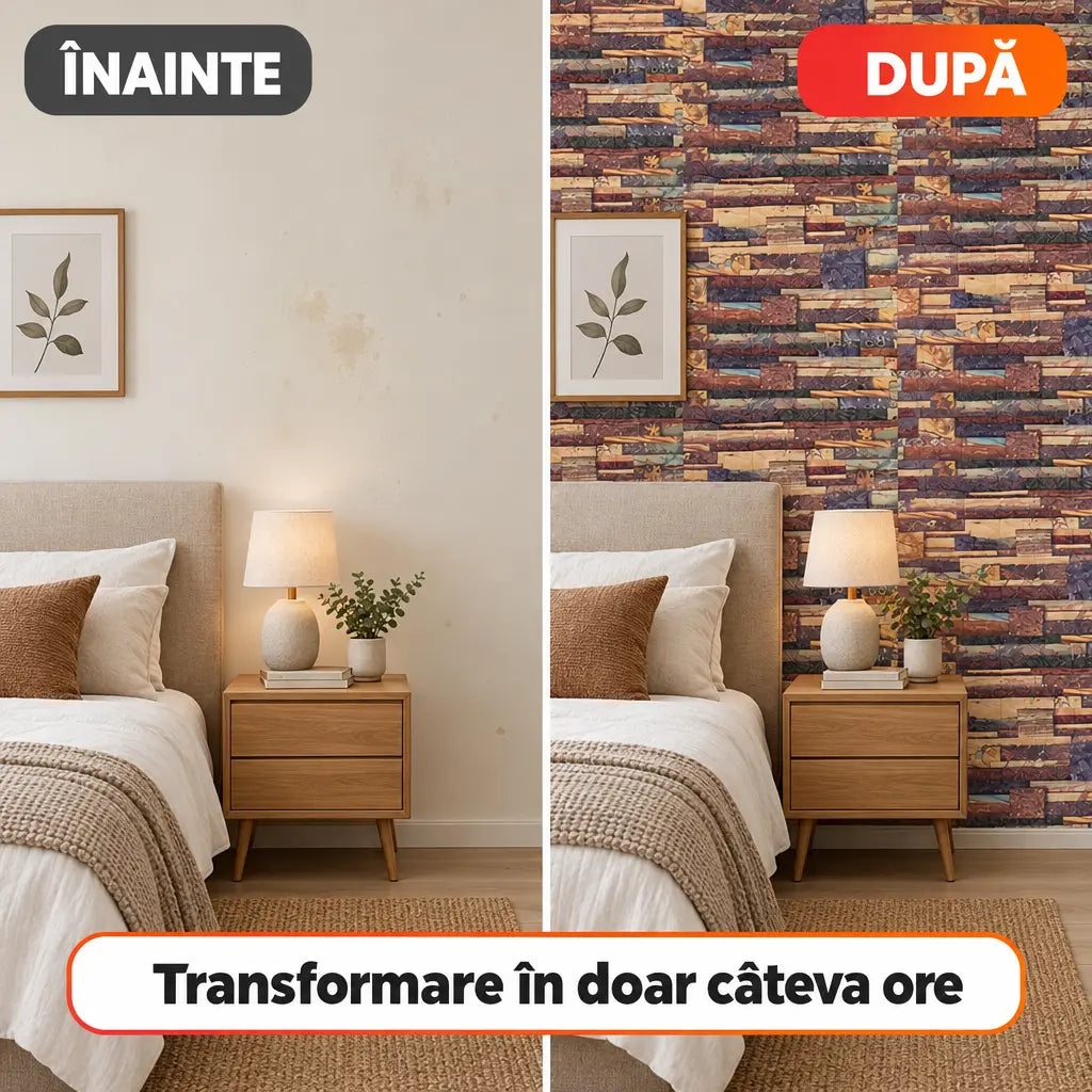 Înainte și după montajul tapetului 3D lemn colorat