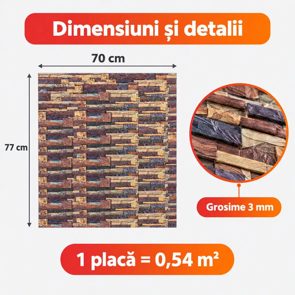 Dimensiuni placă tapet 3D T89: 70x77 cm, 3 mm, 0,54 m²