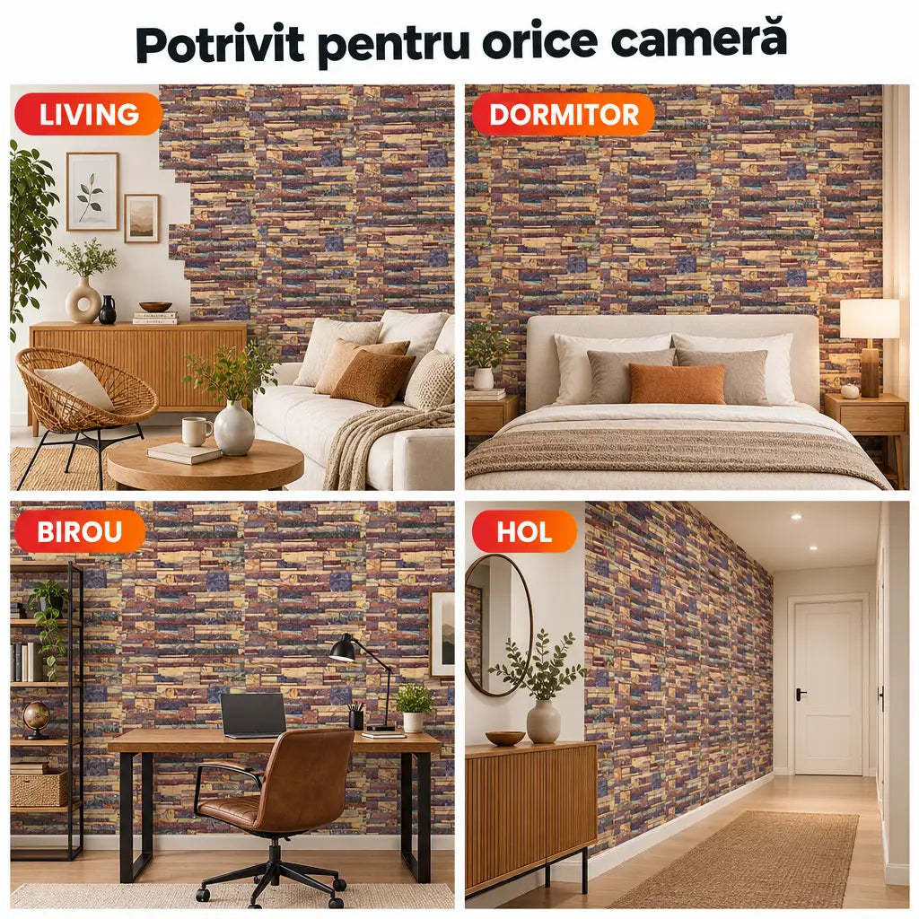 Tapet 3D lemn colorat potrivit pentru living, dormitor, birou și hol