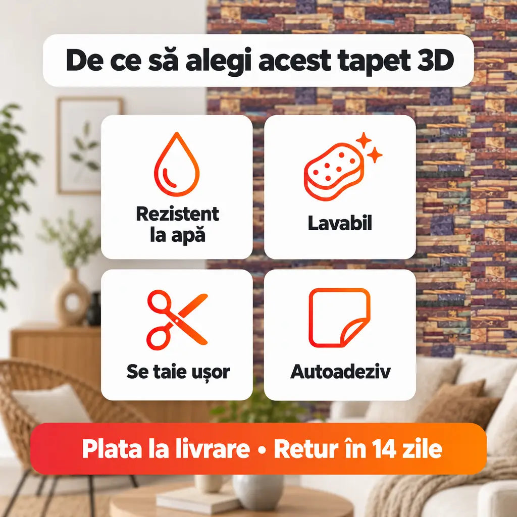 Avantaje tapet 3D: rezistent la apă, lavabil, se taie ușor, autoadeziv