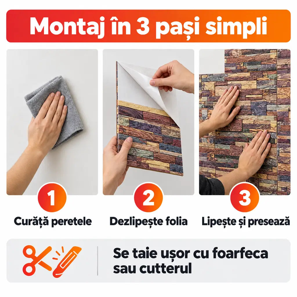 Montaj tapet 3D autoadeziv în 3 pași simpli