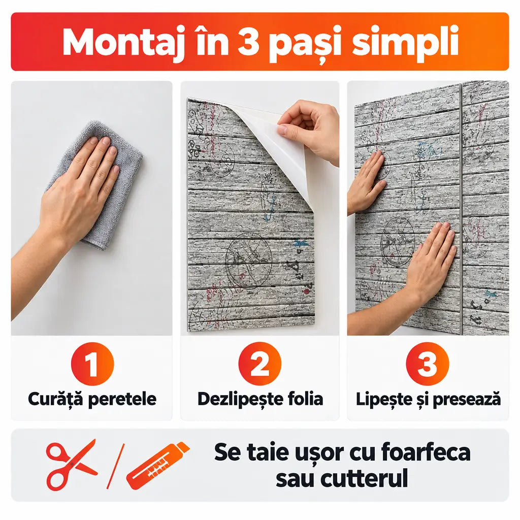 Montaj tapet 3D autoadeziv în 3 pași simpli