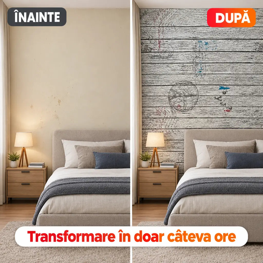 Înainte și după montajul tapetului 3D lemn vintage gri