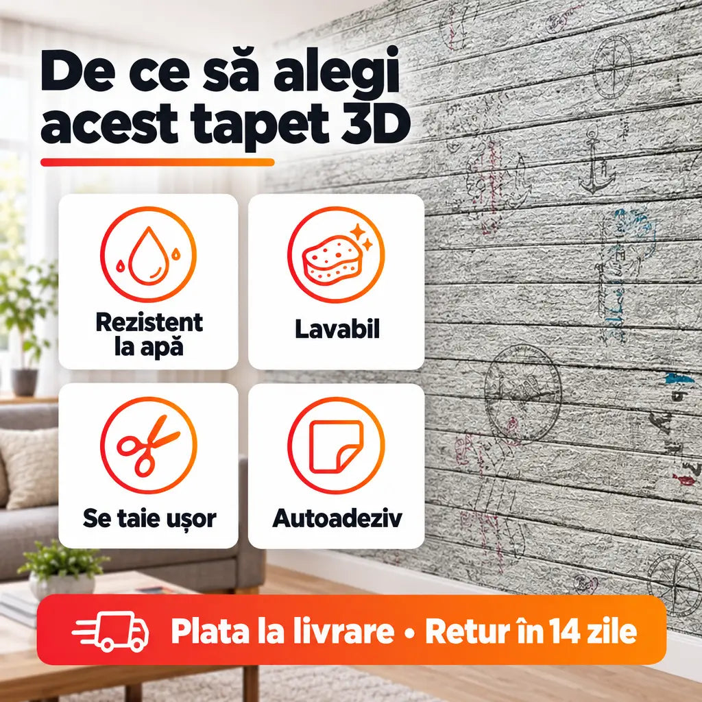 Avantaje tapet 3D: rezistent la apă, lavabil, se taie ușor, autoadeziv