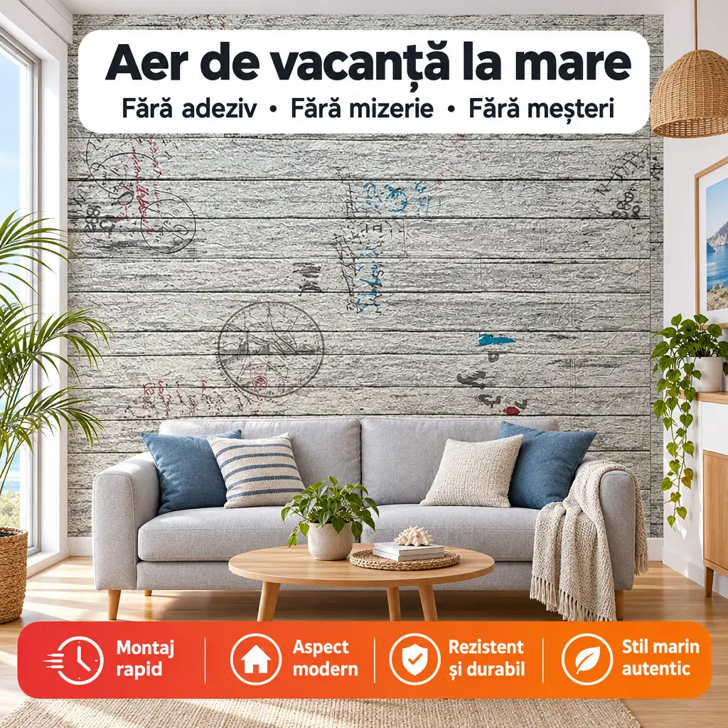Tapet 3D lemn vintage cu motive marine T99 în living – aer de vacanță la mare