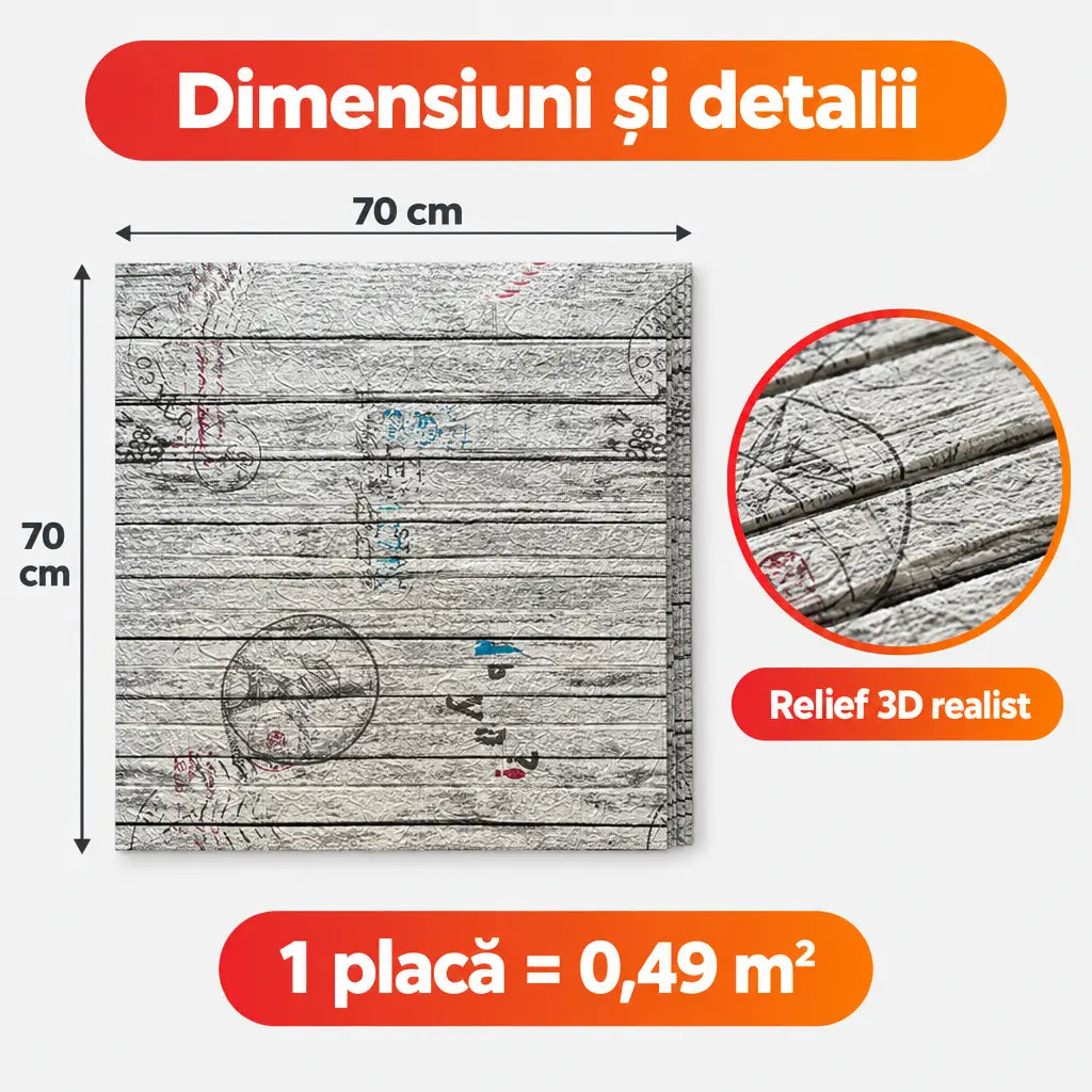 Dimensiuni placă tapet 3D T99: 70x70 cm, 0,49 m²