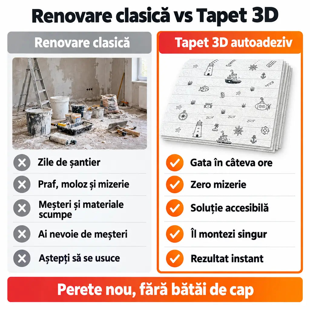 Renovare clasică vs tapet 3D autoadeziv