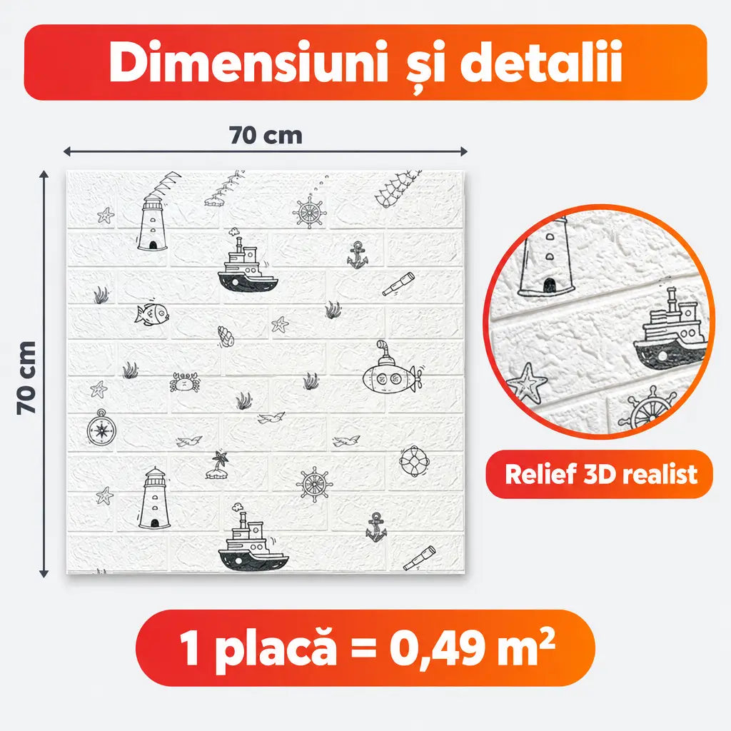 Dimensiuni placă tapet 3D T107: 70x70 cm, 0,49 m²
