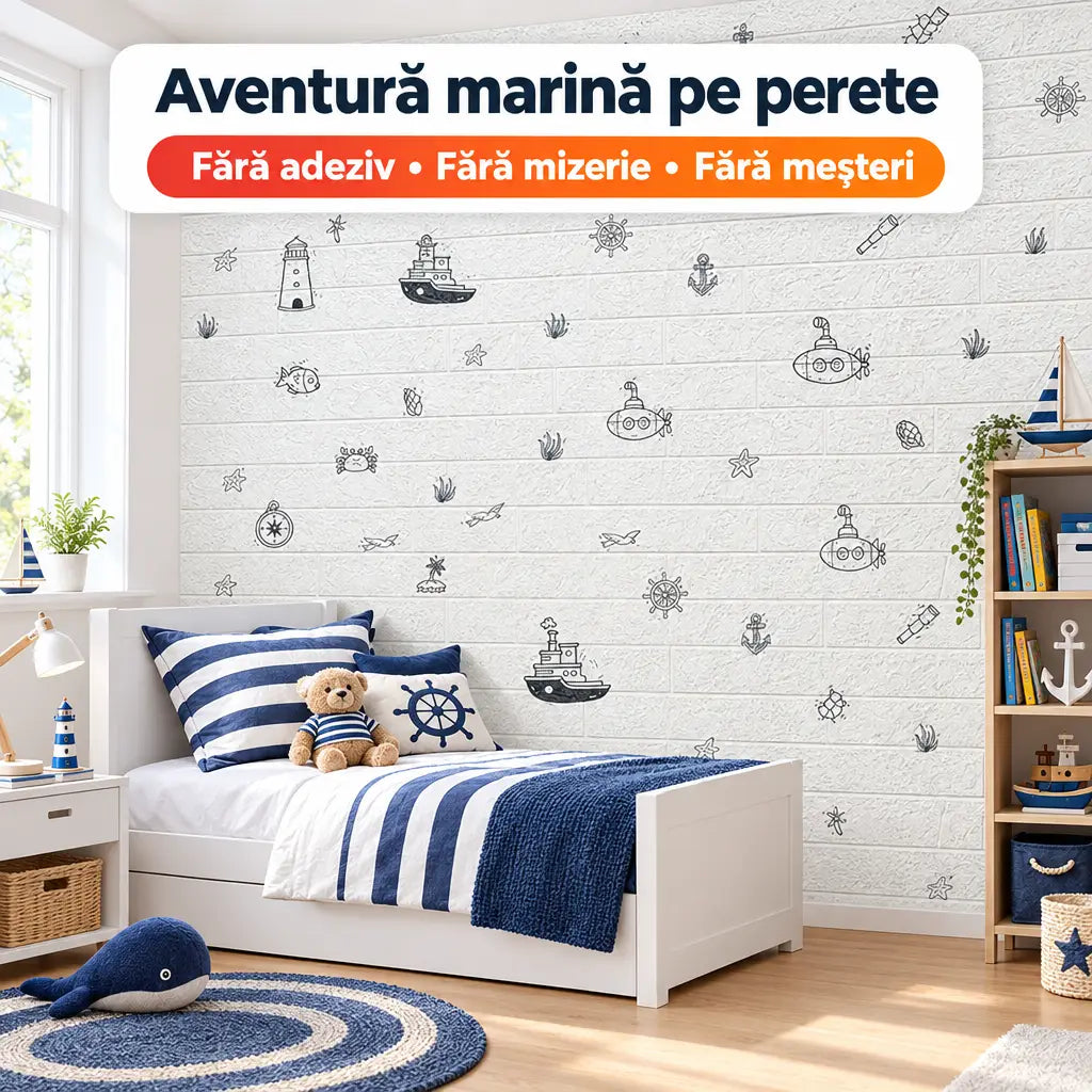 Tapet 3D model marin pe lemn alb T107 în camera copiilor – aventură marină pe perete