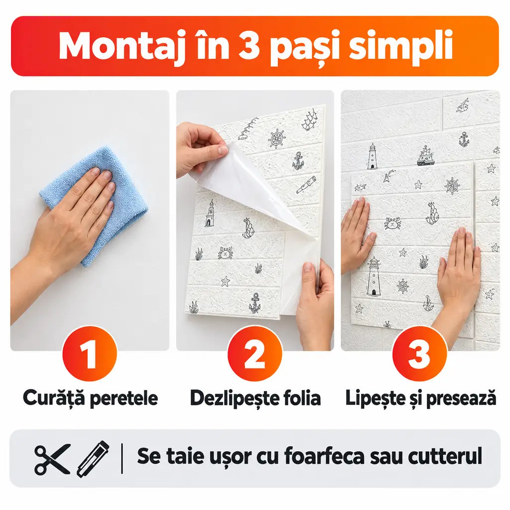 Montaj tapet 3D autoadeziv în 3 pași simpli