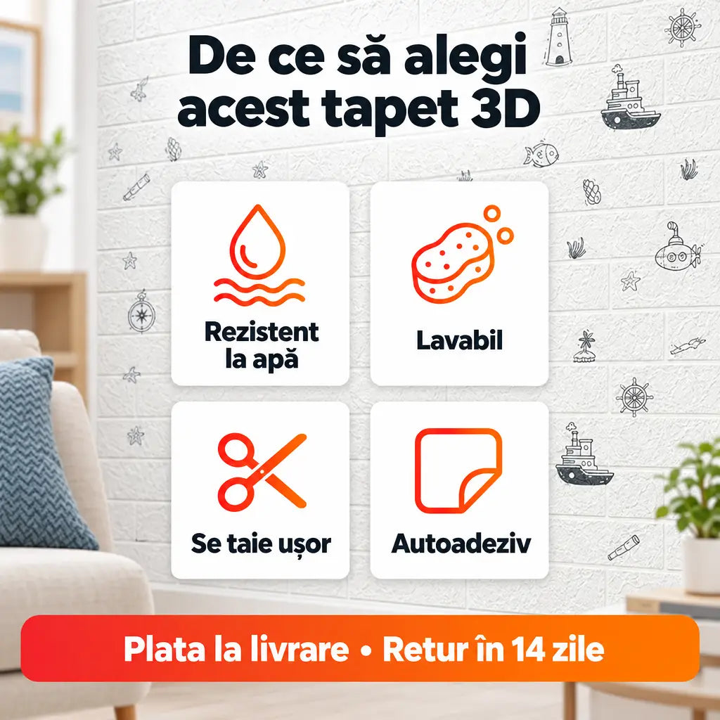 Avantaje tapet 3D: rezistent la apă, lavabil, se taie ușor, autoadeziv