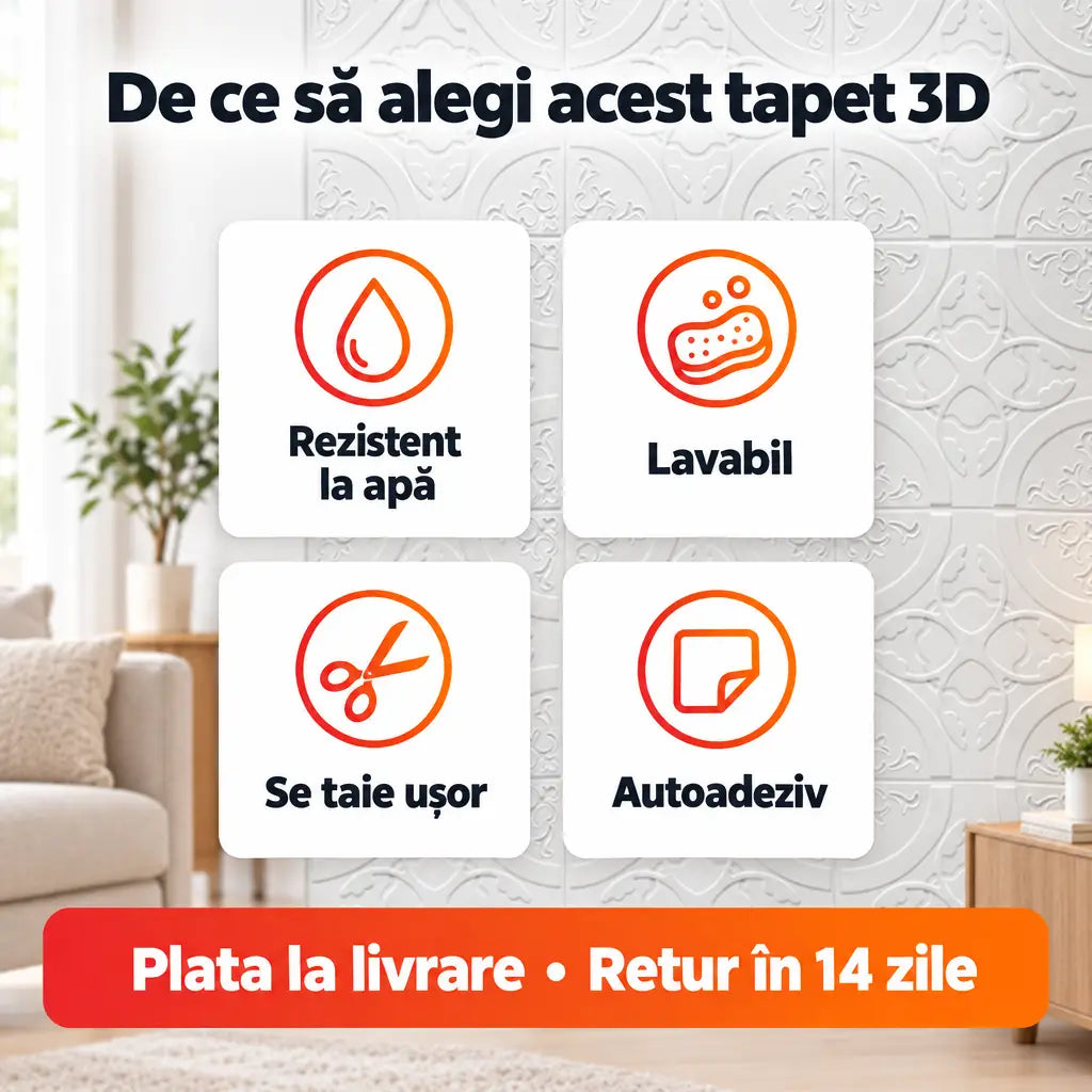 Avantaje tapet 3D: rezistent la apă, lavabil, se taie ușor, autoadeziv