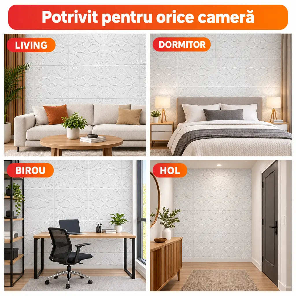 Tapet 3D alb potrivit pentru living, dormitor, birou și hol