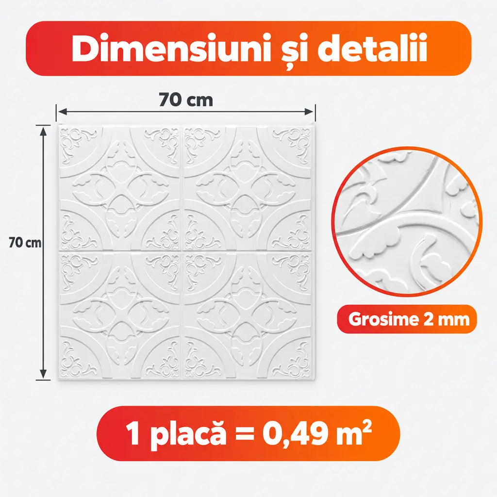Dimensiuni placă tapet 3D T13A: 70x70 cm, 2 mm, 0,49 m²