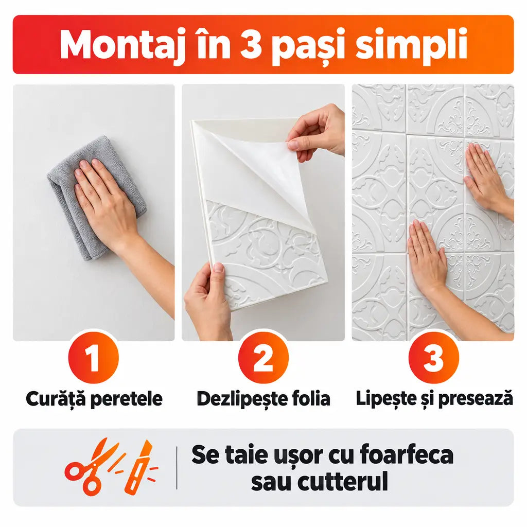 Montaj tapet 3D autoadeziv în 3 pași simpli