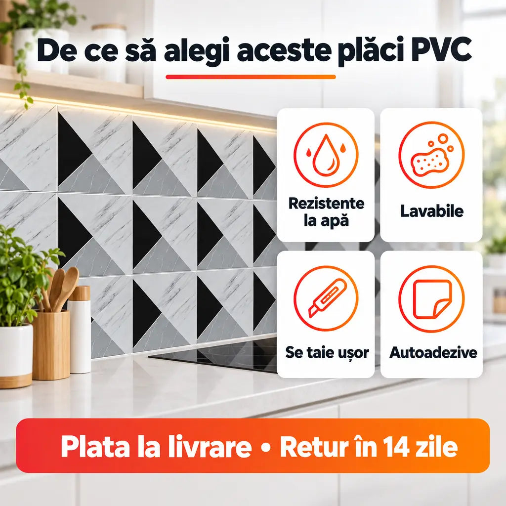 Avantaje plăci PVC: rezistente la apă, lavabile, se taie ușor, autoadezive
