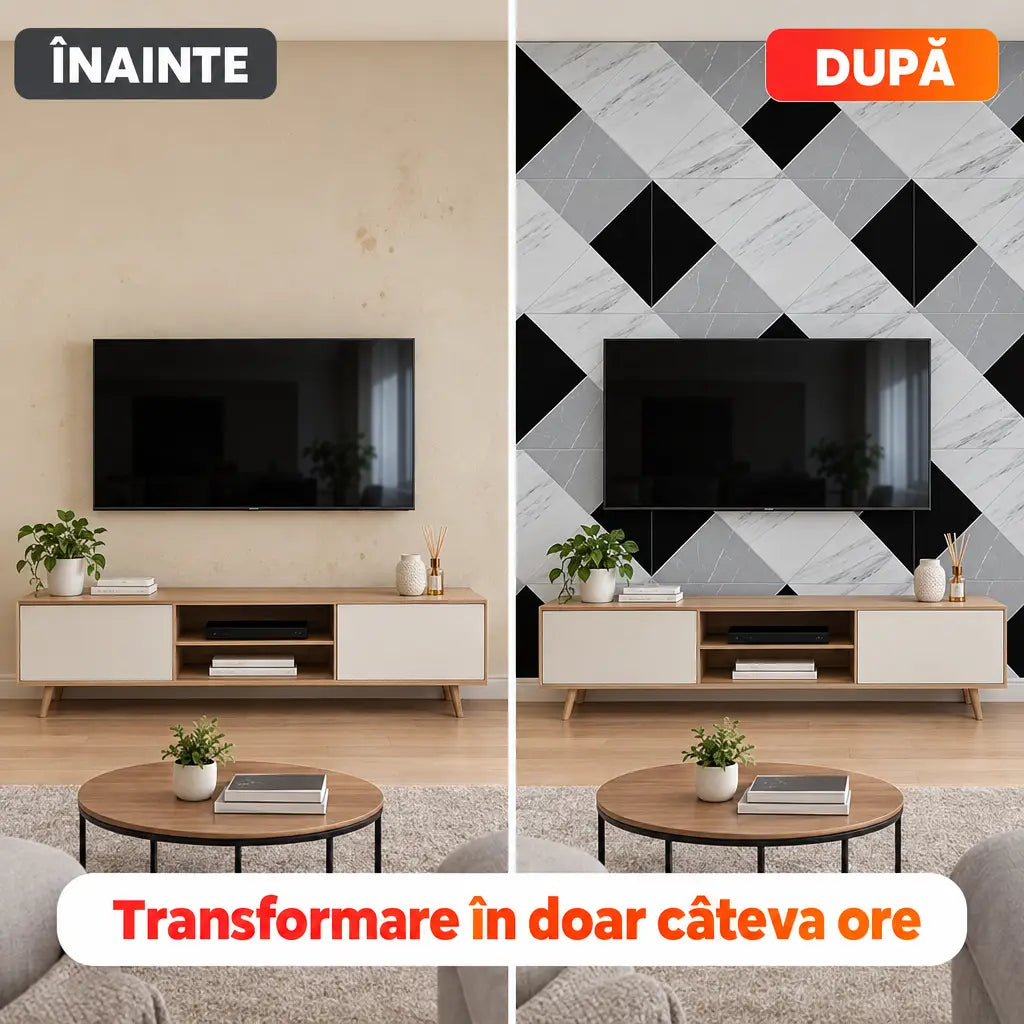 Înainte și după montajul plăcilor PVC imitație marmură PH006