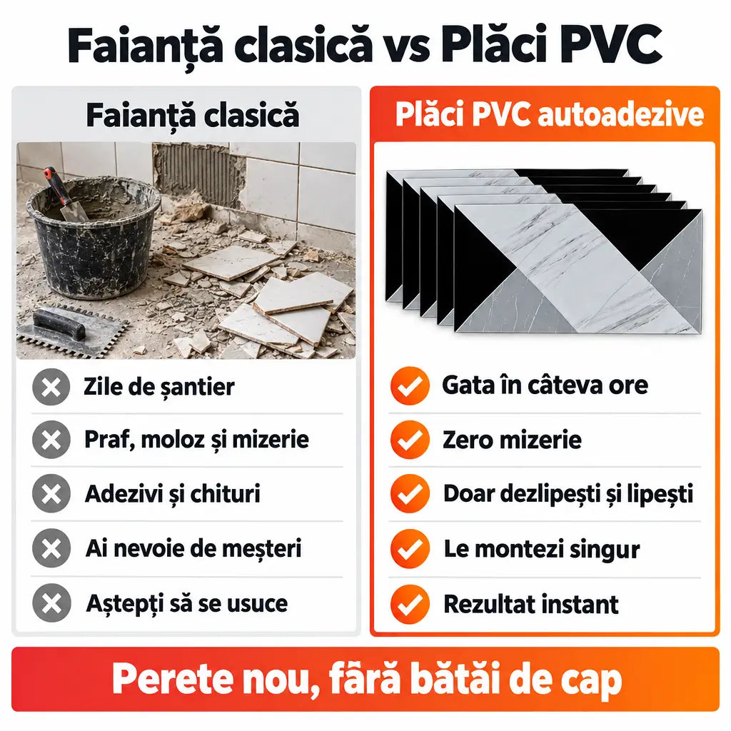 Faianță clasică vs plăci PVC autoadezive