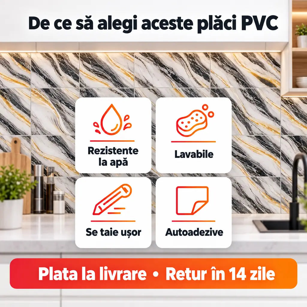 Avantaje plăci PVC: rezistente la apă, lavabile, se taie ușor, autoadezive