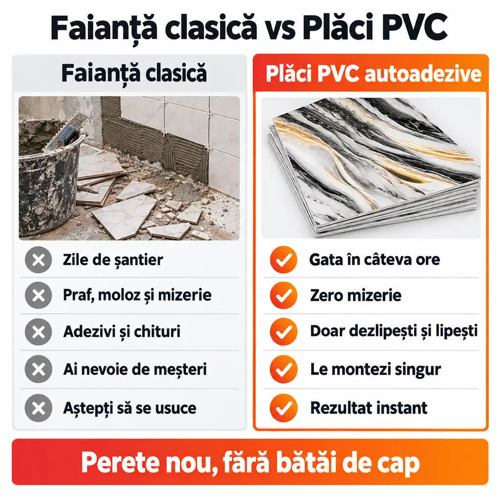 Faianță clasică vs plăci PVC autoadezive