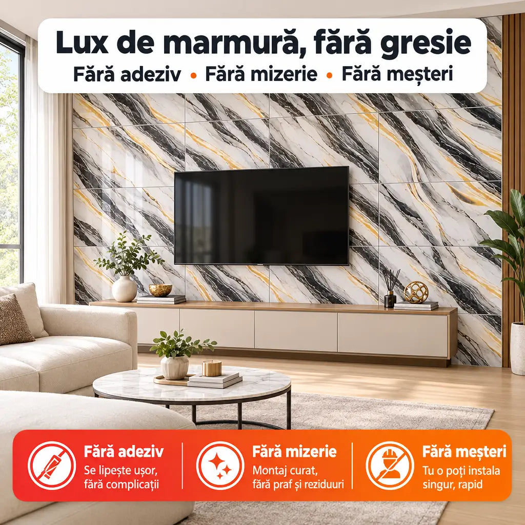 Plăci PVC autoadezive imitație marmură 250-24 în living – Lux de marmură, fără gresie